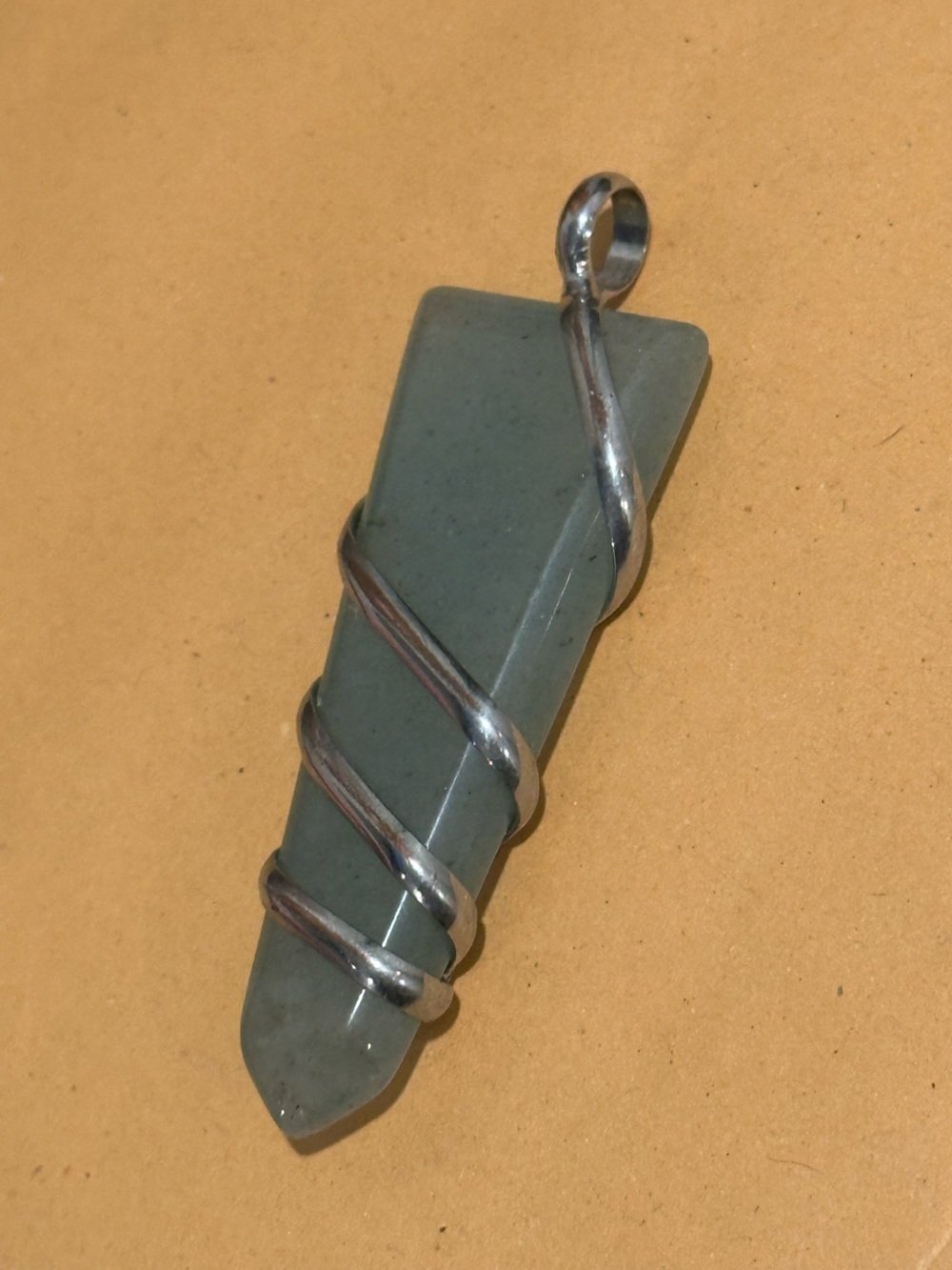 Green Stone Pendant Wrapped in Silver Wire